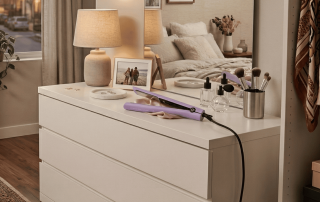 Evalectric hair straightener on dresser in bedroom