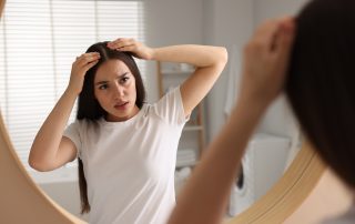 Woman examining scalp barrier